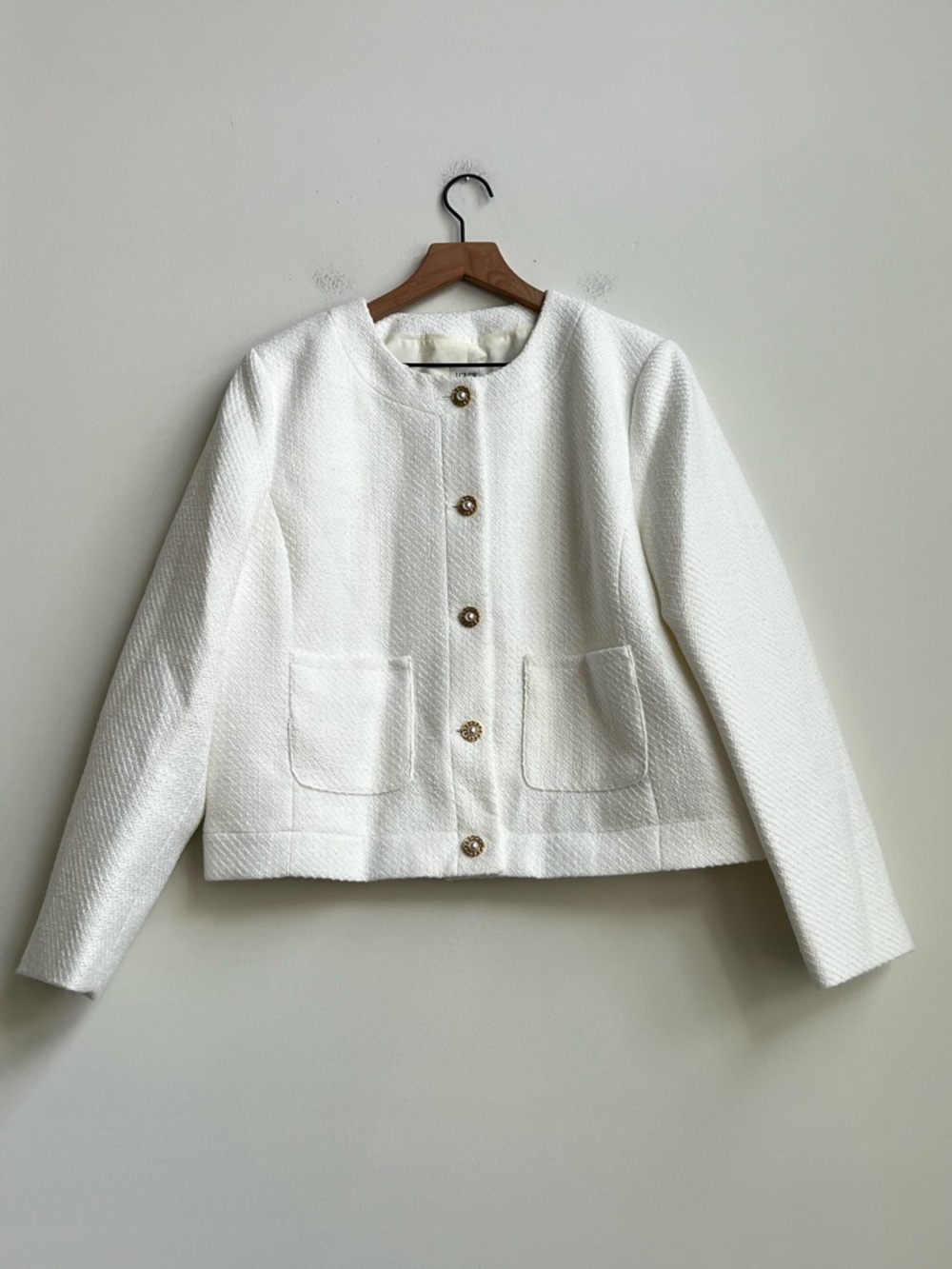 J.Crew Factory Womens Ivory Tweed Lady Jacket BW284 Preppy Pocket 16 Pearl Chain - Picture 5 of 15